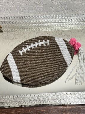 Handmade Seed Bead Football Pouch Beaded Clutch with Tassel, Sports-Themed